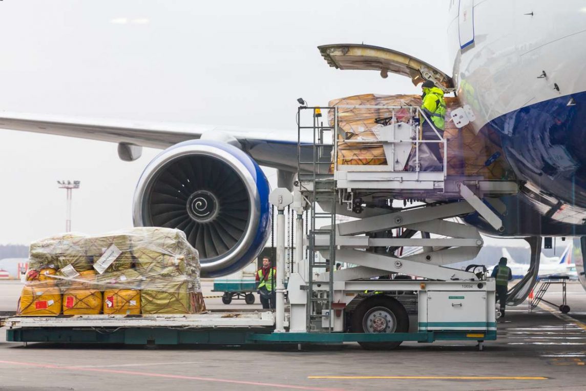 Cargo being loaded onto an aircraft.
